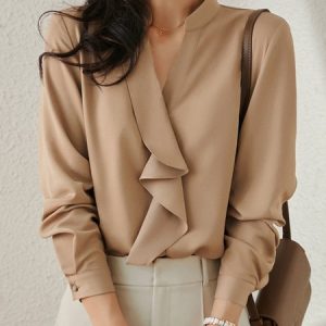 Elegant Plain V Neck Flouncing Blouse, Blouses and Shirts, color:Khaki|size:XXL, Stylewe