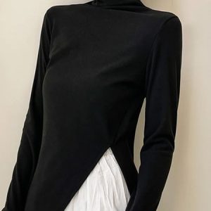 Long sleeve Regular Fit Simple Turtleneck T-Shirt, Tees, color:Black|size:XXL, Stylewe