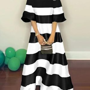 Elegant Crew Neck Regular Fit Striped Dress, Maxi Dresses, color:Black|size:XXL, Stylewe