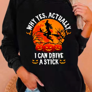 Casual Cotton Halloween Women's Halloween Why Yes Actually I Can Drive A Stick Print Casual Crew neck Sweatshirt, Sweatshirts & Hoodies, color:Black|size:XXL, JustFashionNow