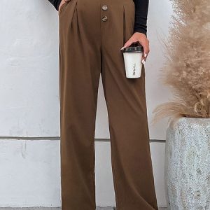 Casual Plain Natural Long Buckle Straight Pants, Pants, color:Brown|size:XL, Noracora