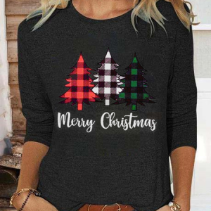 Women Christmas Casual Grid Long Sleeve Crew Neck T-Shirt, T-Shirts, color:Deep Gray|size:XXL, JustFashionNow