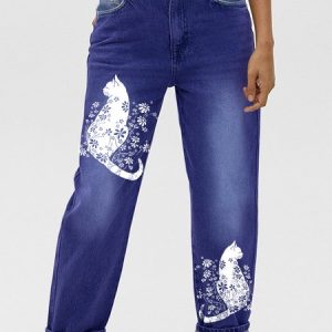 Funny Cat Casual Loose Daisy Jeans, color:Blue|size:3XL, Lilicloth.com