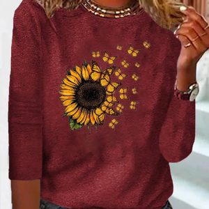 Sunflower Printed Long sleeve Crew Neck T-Shirt, T-shirts, color:Red|size:XXL, Noracora