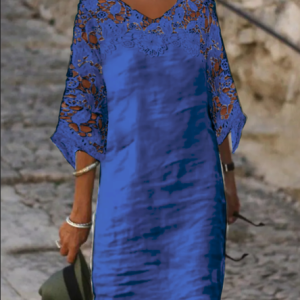 V Neck Lace Plain Casual Dress, Short, color:Blue|size:3XL, Noracora