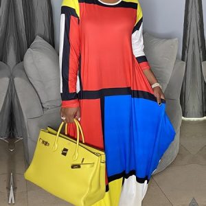 Pocket Stitching Crew Neck Geometric Casual Dress, Maxi Dresses, color:As Picture|size:XXL, Stylewe