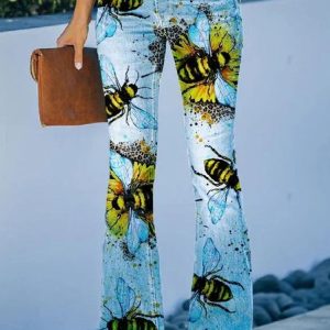 Urban Casual Bee Floral Pattern Regular Fit Pocket Stitching Straight Pnats Jeans, Jeans, color:Blue|size:3XL, JustFashionNow