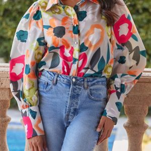 Shirt Collar Elegant Regular Fit Long Sleeve Blouse, Blouses and Shirts, color:Green|size:XXL, Stylewe