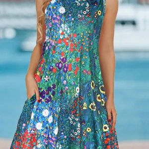 Crew Neck Casual Floral Loose Dress, Dresses, color:Green|size:XXL, JustFashionNow