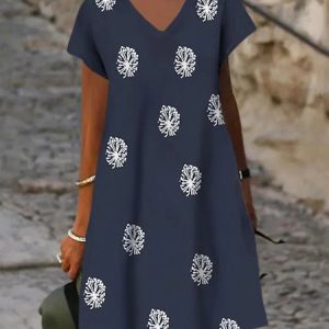 Casual V neck Long Sleeve Dandelion Loosen Woven Dress, Dresses, color:Blue|size:XXL, JustFashionNow