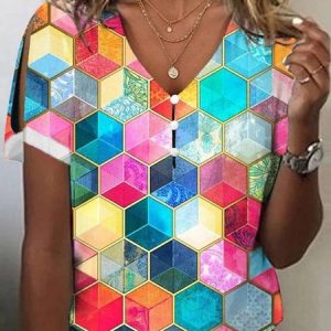 Loose V Neck Colorful Geometric Casual T-Shirt, T-Shirts, color:Red|size:XXL, JustFashionNow