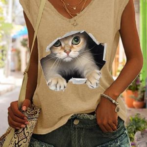 Funny Cat Cotton Blends Letter Knit Tank, color:Khaki|size:3XL, Lilicloth.com