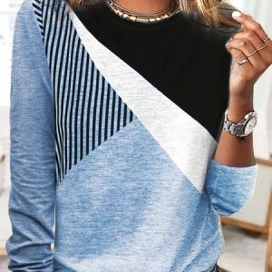 Women's Casual Striped Color Block Crew Neck Long Sleeve T-shirt, T-shirts, color:Blue|size:3XL, catalog Noracora shop