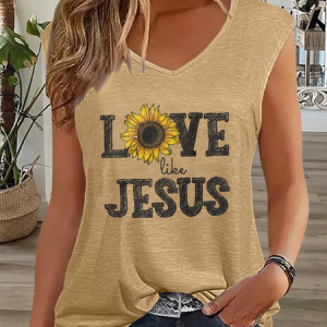 Women's Simple Sunflower Love Like Jesus V Neck Cotton-Blend Tank Top, color:Khaki|size:3XL, Lilicloth.com