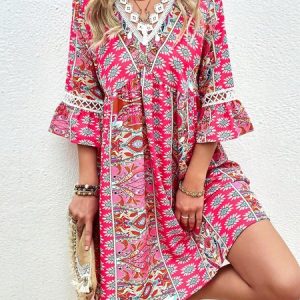 Womens V Neck Ethnic Boho Dress, Boho Dresses, color:Pink|size:XXL, JustFashionNow