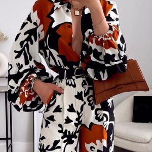 Holiday Shirt Collar Printed Long Sleeve Blouse, Blouses and Shirts, color:As Picture|size:XXL, Stylewe