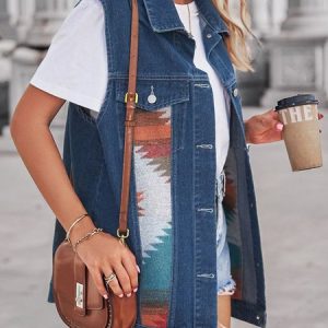 Casual Ethnic Pattern Panel Denim Jacket Vest Western Vintage, Jackets, color:Blue|size:XL, JustFashionNow