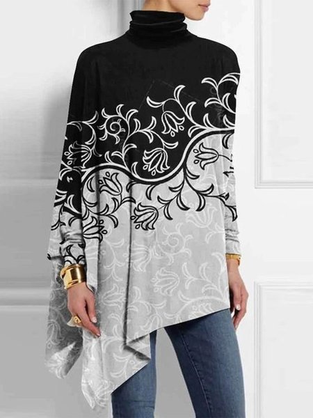 Casual Turtleneck Regular Fit Color Block Top, Shirts & Blouses, color:Black|size:XXL, JustFashionNow