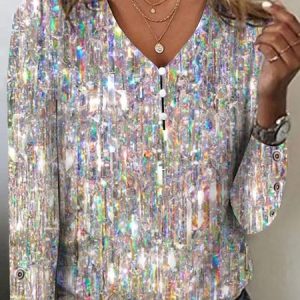 V Neck Casual Loose T-Shirt, T-Shirts, color:Silver|size:XXL, JustFashionNow