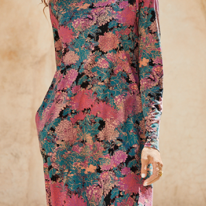 Women Floral Crew Neck Long Sleeve Comfy Boho Midi Dress, Dresses, color:Multicolor|size:XXL, Noracora