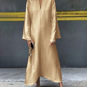 Long sleeve Loosen Cold Shoulder Urban Dress, Maxi Dresses, color:Golden|size:XXL, Stylewe