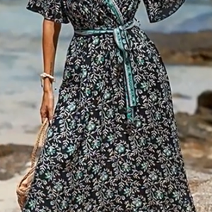 Floral Boho Regular Fit V Neck Dress, Maxi, color:Black|size:XL, Noracora