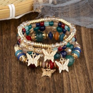 Ethnic Casual Butterfly Pattern Crystal Beaded Layered Bracelet Retro Women's Jewelry, Bracelet, color:Multicolor|size:One-size, Noracora