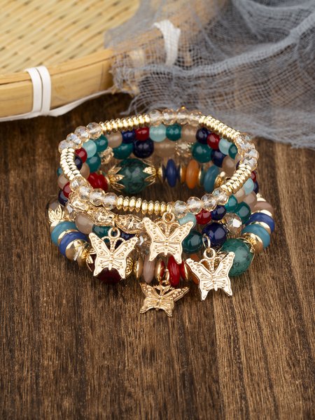 Ethnic Casual Butterfly Pattern Crystal Beaded Layered Bracelet Retro Women's Jewelry, Bracelets, color:Multicolor|size:One-size, JustFashionNow