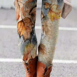 Casual Leaves Printed Sheath Leggings, Leggings, color:Light Brown|size:XXL, JustFashionNow