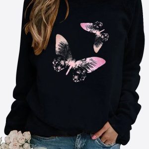 Urban Casual Gradient Color Butterfly Pattern Long Sleeve Pullover Sweatshirt Women's Clothing, Sweatshirts & Hoodies, color:Black|size:XXL, JustFashionNow