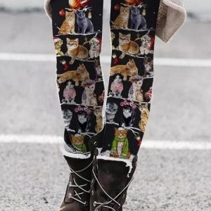 Cat Tree Tight Casual Leggings, Leggings, color:Black|size:XXL, JustFashionNow