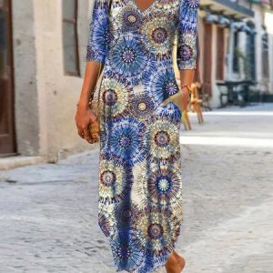 Abstract Geometric Print V-neck Medium Sleeve Jersey Long Dress, Dresses, color:Blue|size:XXL, JustFashionNow
