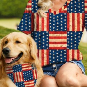 Women's America Flag Casual Loose Matching T-Shirt, color:Deep Blue|size:3XL, Lilicloth.com