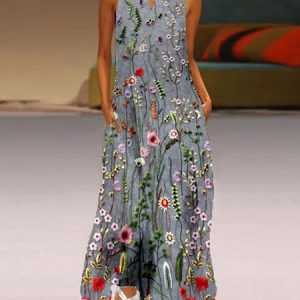 V Neck Loose Floral Casual Dress, Dresses, color:Deep Gray|size:XXL, JustFashionNow