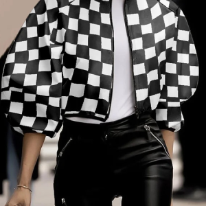 Urban Geometric Stand Collar Three Quarter Sleeve Loose Jacket, Jackets, color:Black|size:XXL, Stylewe