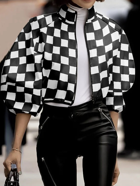 Urban Geometric Stand Collar Three Quarter Sleeve Loose Jacket, Jackets, color:Black|size:XXL, Stylewe