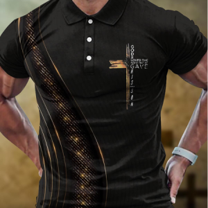 Men's Religious Cross God Metal Print Regular Fit Text Letters Polo Collar Urban Polo Shirt, T-shirts, Lilicloth.com