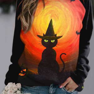 Casual Crew Neck Halloween Sweatshirt, Hoodies & Sweatshirts, color:Black-Orange|size:5XL, Noracora