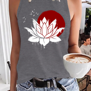 Women’s  Lotus And Red Moon Plant Casual Crew Neck Tank Top, color:Gray|size:3XL, Lilicloth.com