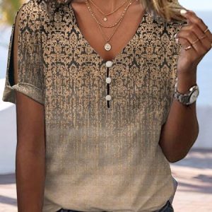 V Neck Loose  Ethnic T-Shirt, T-shirts, color:Khaki|size:XXL, Noracora