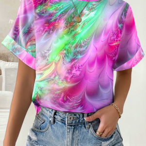 Crew Neck Abstract Loose Casual T-Shirt, T-shirts, color:Rose Red|size:XXL, Noracora
