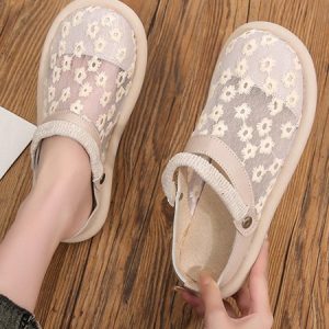 Women Casual Flower Embroidered Breathable Mesh Slip On Mules, Flats/Loafers, color:Apricot|size:40, Noracora