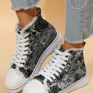 Abstract Raw Trim High Top Lace-Up Canvas Shoes, Sneakers, color:As Picture|size:43, JustFashionNow