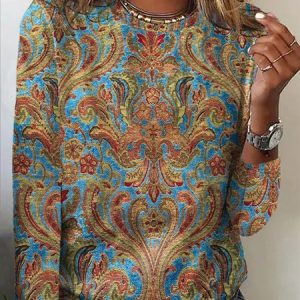 Ethnic Long Sleeve Crew Neck Casual T-Shirt, T-shirts, color:Blue|size:XXL, Noracora