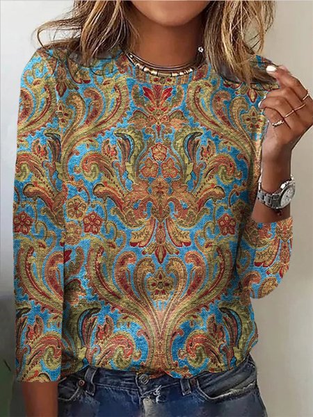 Ethnic Long Sleeve Crew Neck Casual T-Shirt, T-Shirts, color:Blue|size:3XL, JustFashionNow