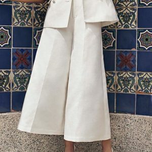 Regular Fit Plain Urban Wide leg Pants, Pants, color:Off White|size:XXL, Stylewe