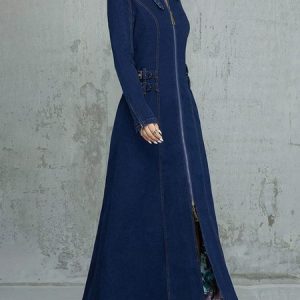 Regular Fit Urban Plain Long Sleeve Denim Maxi Dress With Belt, Maxi Dresses, color:Blue|size:XXL, Stylewe