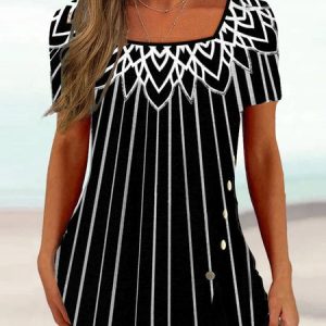Casual Square Neck Regular Fit Geometric T-Shirt, T-Shirts, color:Black|size:XXL, JustFashionNow