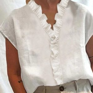 Women Elegant Ruffled Trim V Neck Cotton and Linen Summer Short Sleeve Blouse, Blouses & Shirts, Roselinlin - Online Catalog