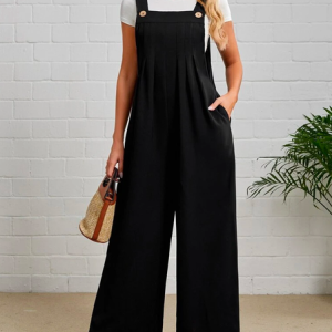 Loose Buttoned Casual Linen Bib Pants, Jumpsuits＆Rompers, color:Black|size:XXL, JustFashionNow